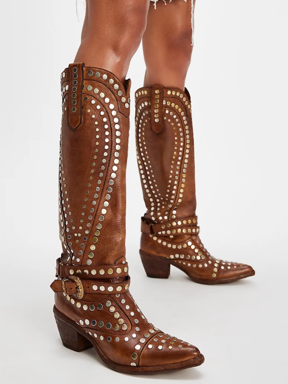 El Vaquero Studded Western Boots Leather Tall Cowboy Boots Buckle Italy Size 39